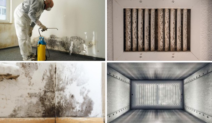 Collage of mold cleaning, moldy duct vent, moldy wall and clean air duct.