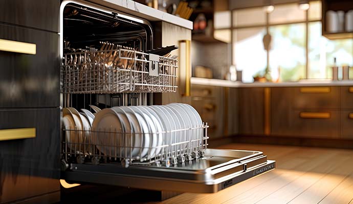 An open dishwasher in a modern kitchen
