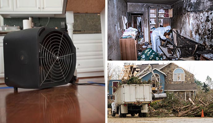 Collage showcasing water, fire, and disaster restoration services
