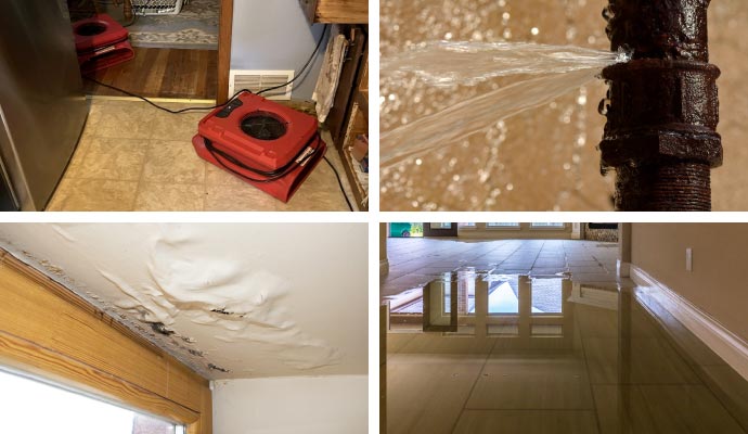 Red air movers, leaking pipe, peeling ceiling and flooded floor