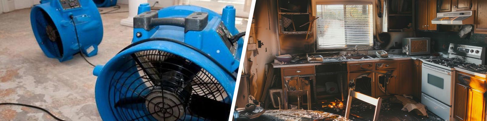 Air movers and fire-damaged kitchen restoration.
