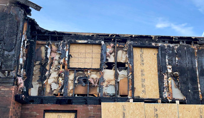 Severely fire damaged residential house