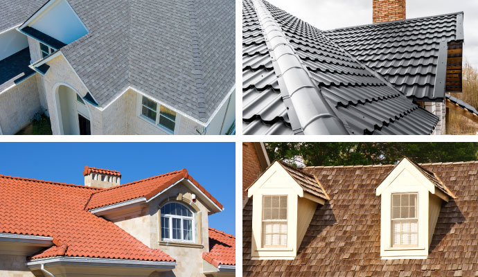 Collage of asphalt shingles, metal, clay tile, and wood shake roofs
