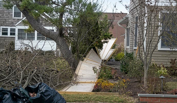 Fallen tree and damaged wooden fence in a residential yard caused by high winds