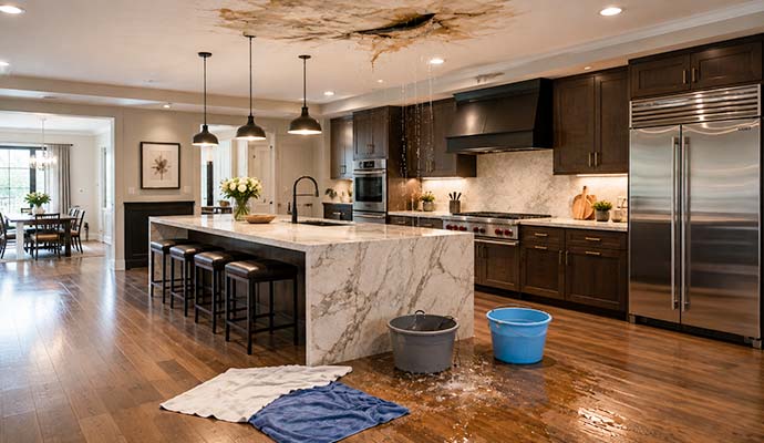 Water leaking through a collapsed ceiling hole into buckets on a kitchen floor