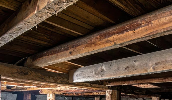 Structural wood rot caused by interior water leaks.