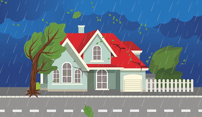 Illustration of a house with strong winds, showing damaged roof, and cracked walls.