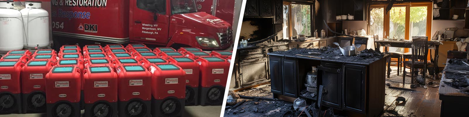 Collage of water damage restoration and fire damaged house