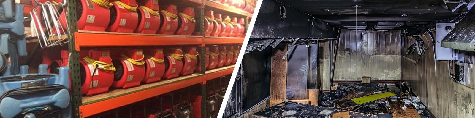 Water damage restoration equipment and fire damaged room