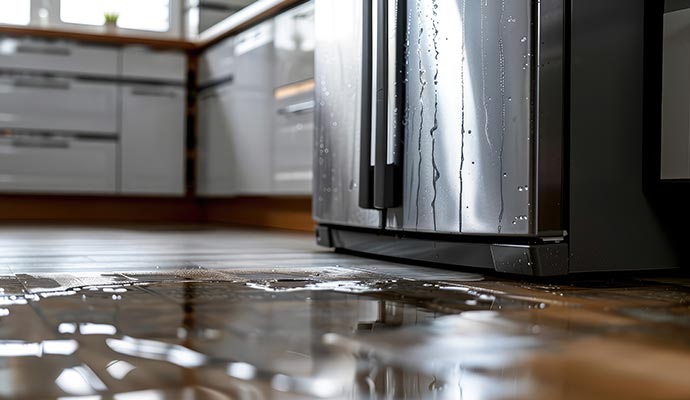 Water-damaged floor due to appliance leak