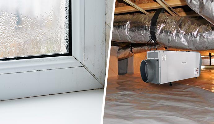 Collage of moisture-covered window and dehumidifier