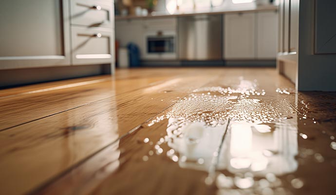 Water damaged wooden floor inside kitchen