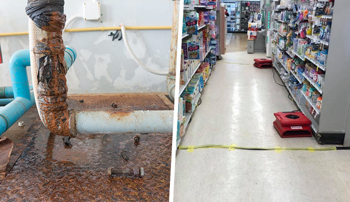 Collage of damaged water pipe and drying fan