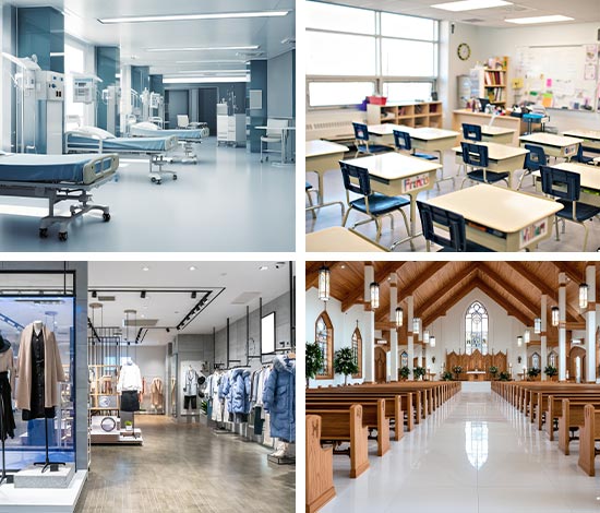 Collage of healthcare, churches, retail stores, and school