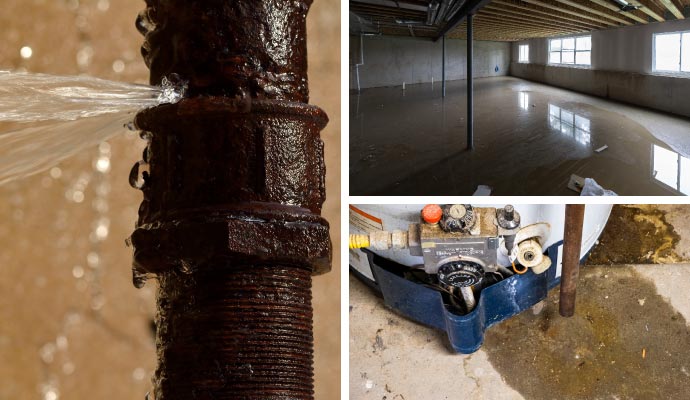 Collage of various types of water damage and broken pipes