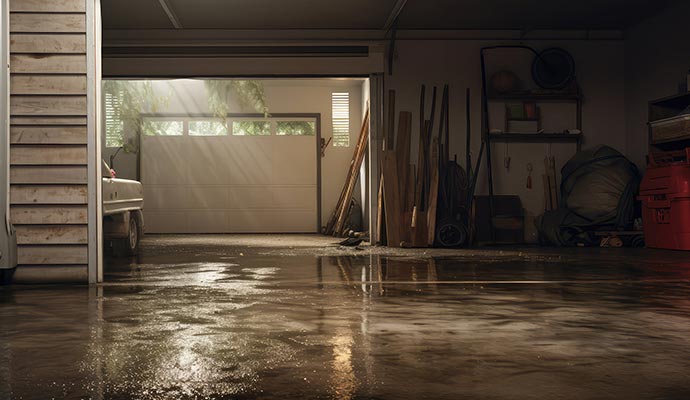 Water damaged floor in a garage
